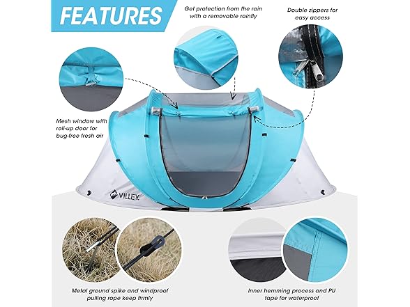 VILLEY 4 Person Easy Pop Up Tent Waterproof