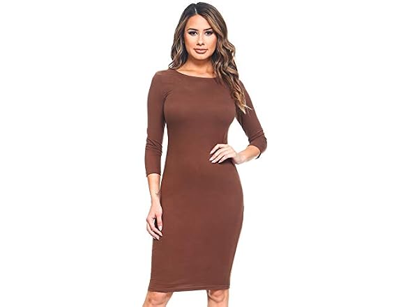 Yelete Women (L) Round Neck Sleeve Dress Mocha