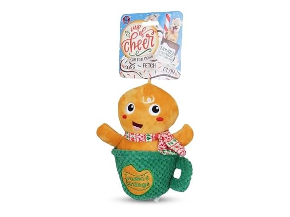 Bow Wow Pet Gingerbread Xmas Mug Squeaky Plush Dog Toy