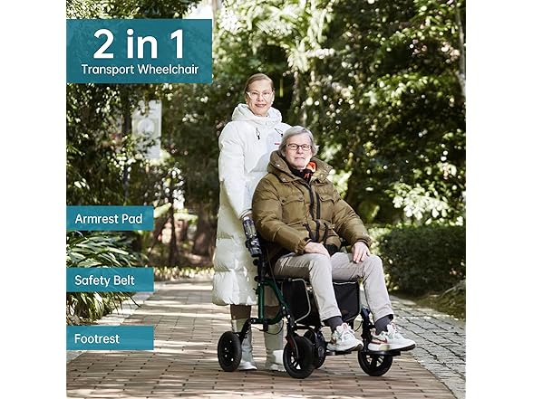 ELENKER All-Terrain 2 in 1 Rollator Walker & Transport Chair, Folding Wheelchair with 10” Non-Pneumatic Wheels for Seniors, Reversible Backrest & Detachable Footrests, Green (Open Box)