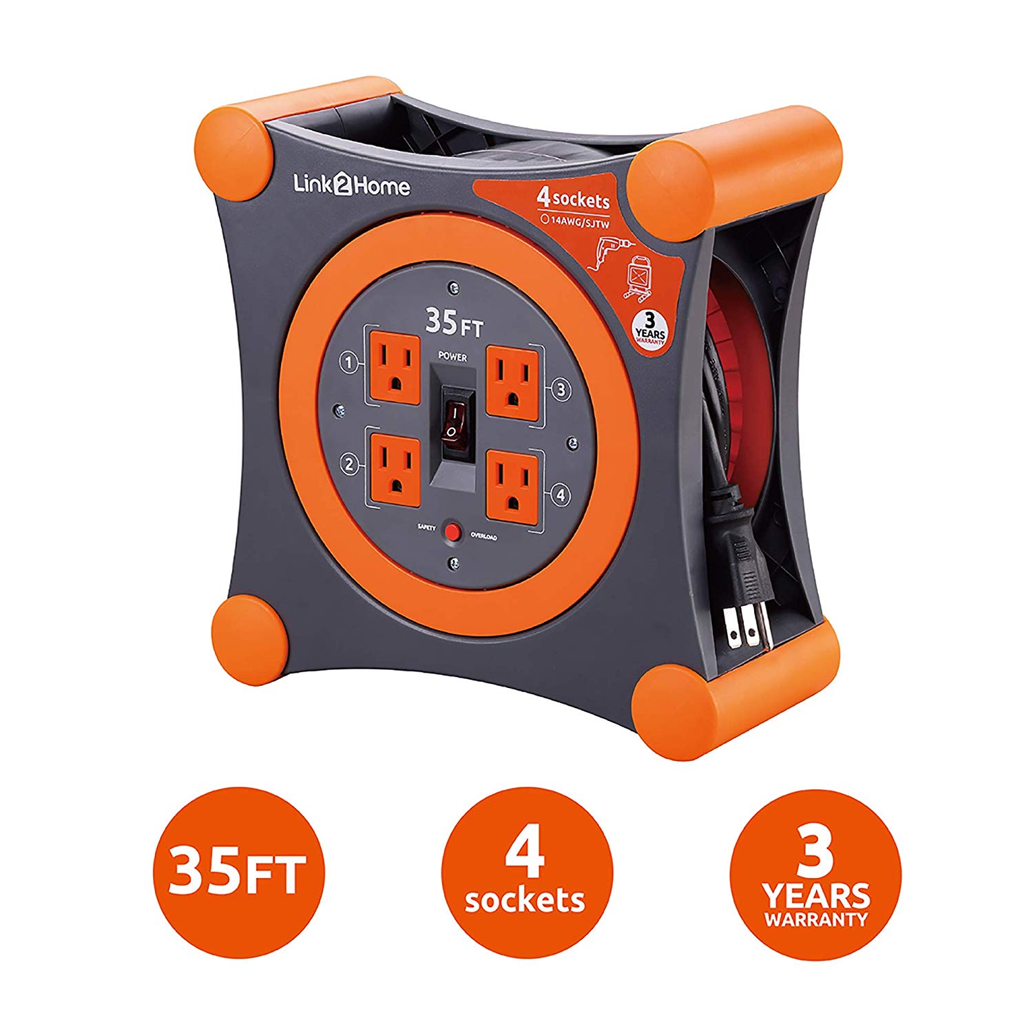 Link2Home 14/3 35' Extension Cord Reel w/4 Outlets - Gallery 8