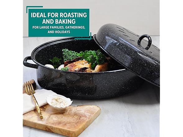 MIRRO 18in Enamel Oval Roaster with Lid, Black