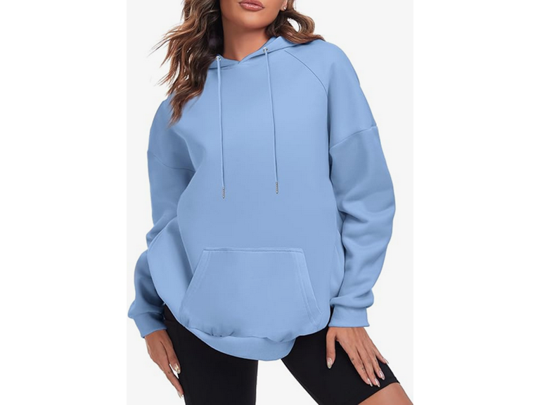 FKEEP Oversize Hoodies Women Fleece Crewneck Sweatshirt Casual Long Sleeve Pullover Tops with Pockets(Light Blue,Large)