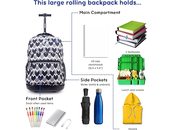 J World Sunrise Rolling Backpack, Heart Dot