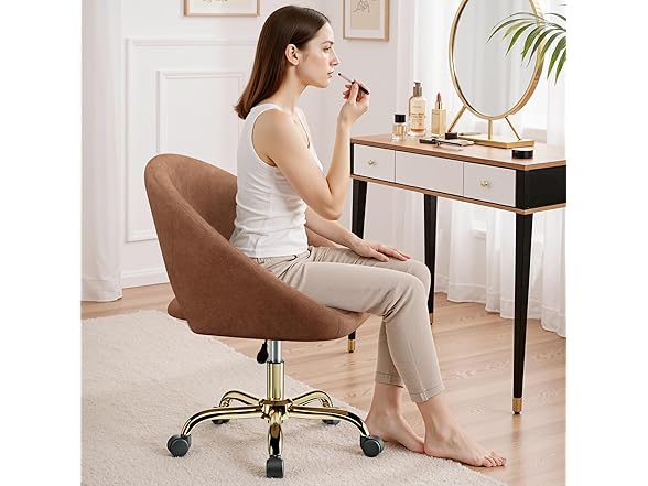 BestEra Vanity Chair with Wheels, Modern Makeup Vanity Chairs with Back Adjustable Height, Comfy Cute Home Office Desk Chairs for Bedroom, Living Room (Upgraded-Brown) (Open Box)