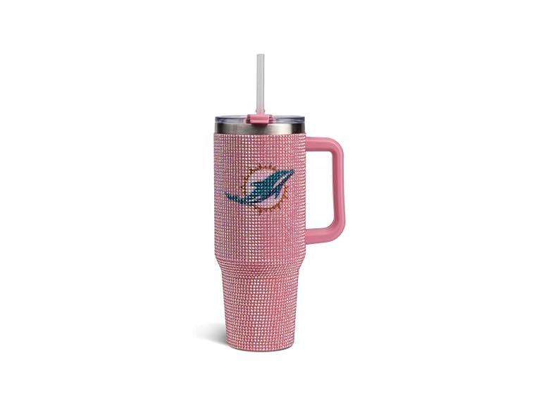 The Memory Company Officially Licensed 40oz Pink Game Day Bling Stainless Steel Tumbler - Premium Insulated Double-Wall Travel Cup With Handle and Straw Lid