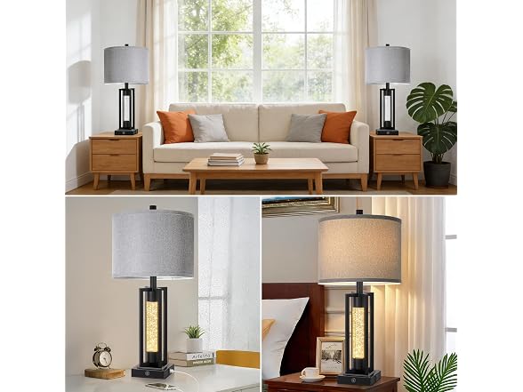 26’’ Farmhouse Table Lamps with Crystal Night Light Set of 2 Black