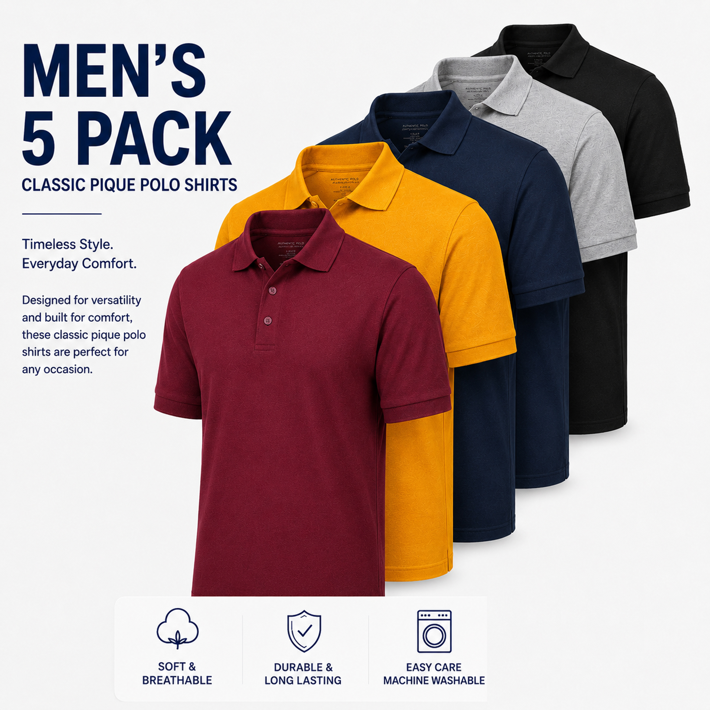 5Pk Mens S/S Pique Polo Shirt - Gallery 17