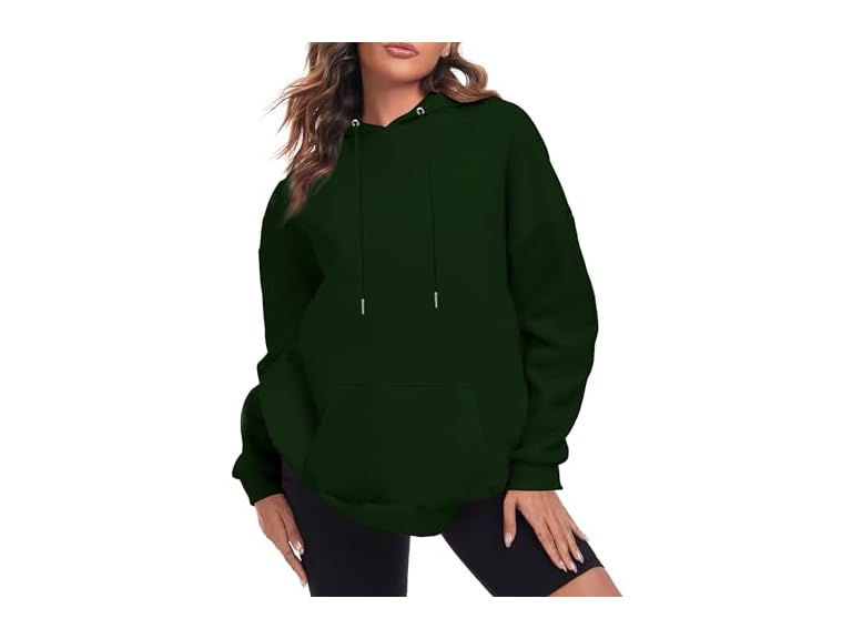 FKEEP Oversize Hoodies Women Fleece Crewneck Sweatshirt Casual Long Sleeve Pullover Tops with Pockets(Dark Green,Medium)