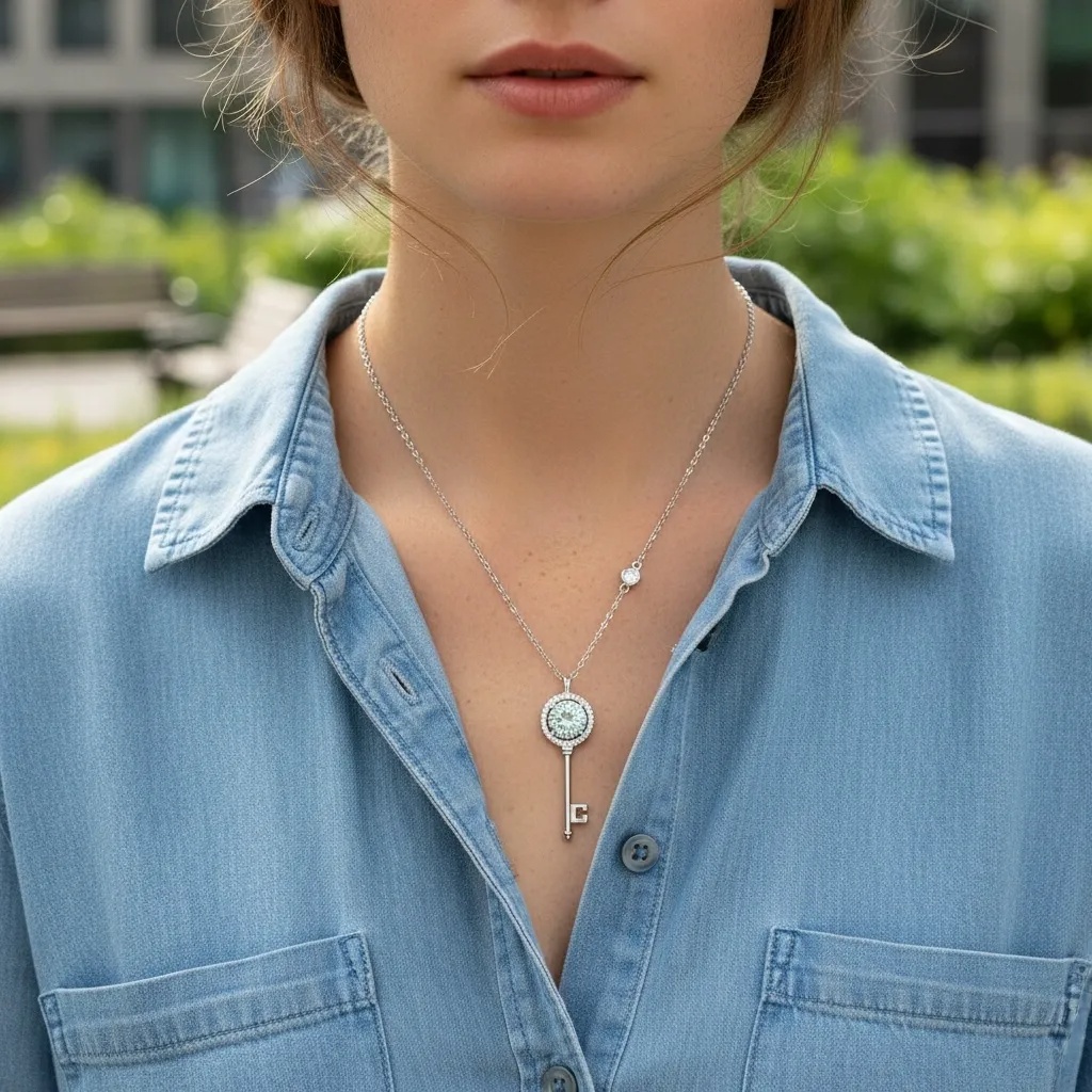 Turquoise Moissanite Key Necklace - Gallery 6
