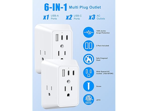 (2 PACK) Tuilock 3 Outlet Multi-Plug Power Outlet