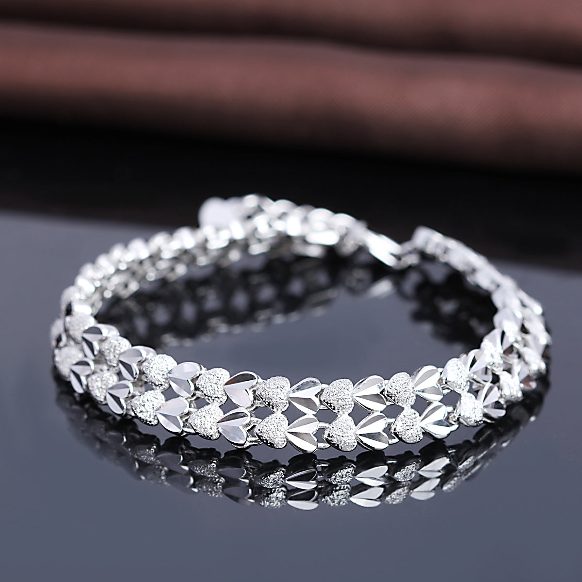 Diamond Cut Two Row Heart Bracelet - Gallery 8