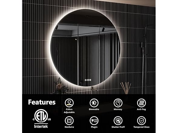 ROOMTEC 40" LED Round Mirror, Wall-Mounted,