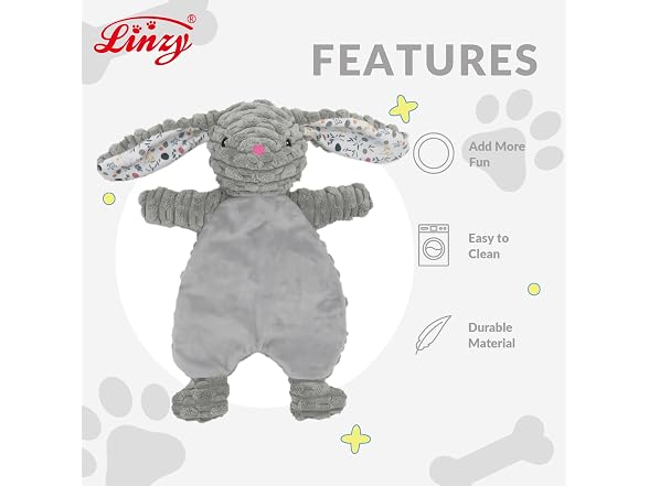 Linzy Plush Gray Bunny Dog Toy, Soft Squeaky