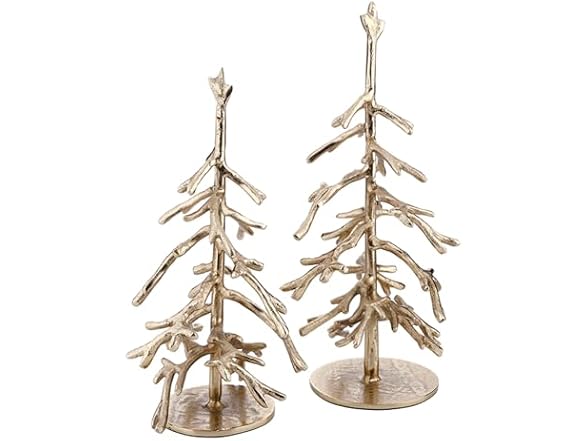Metal Twig Tree Sculptures for Mantle or Tabletop, Set of 2, Gold