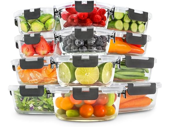 Freshware Glass Storage Containers with Lids, 24 Pieces,Grey