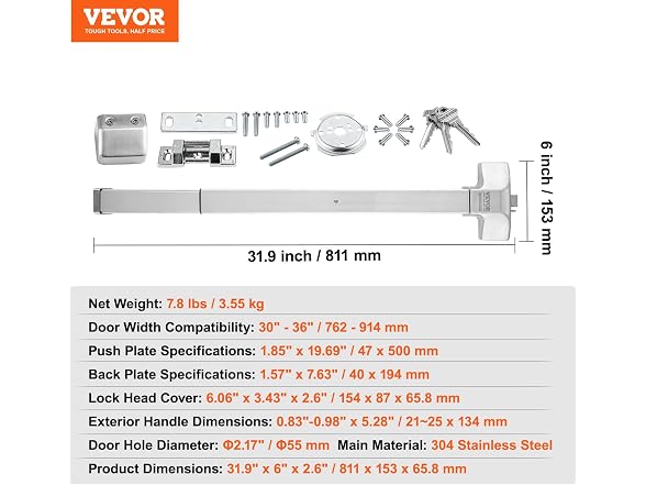 Door Push Bar Panic Exit Device, 31” Stainless