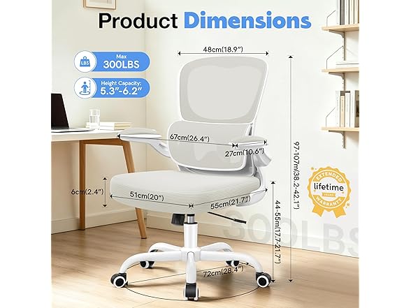 ALLGOD Ergonomic Office Chair, Breathable Mesh Ergonomic Desk Chair with Adjustable Lumbar Support, Flip-up Armrests, Computer Chairs Comfortable for Home, Office, Work, 300lbs, White, Upgrade (Open Box)