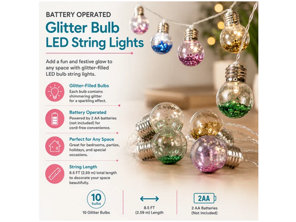Celebrate Battery Operated Glitter 10 Bulb LED String Lights - Gallery 2
