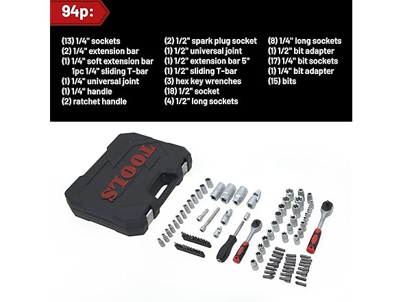 Mechanics Tool Set 94pcs Socket Set 1/4" & 1/2" Dr