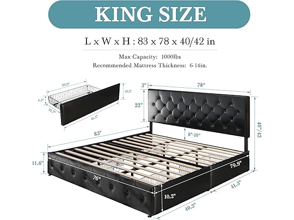 HOOMIC King Platform Storage Bed Frame