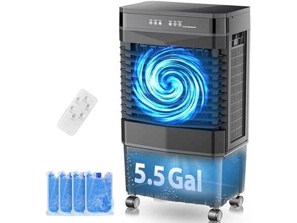 Auertech 5.5 Gal Swamp Cooler, 1800 CFM Evaporative Air Cooler with 3 Speeds, 12H Timer, 120°Oscillation, Windowless Room Cooling Fan with 4 Ice Packs, Portable Air Cooler for Indoor, Garage, Bedroom (Open Box)