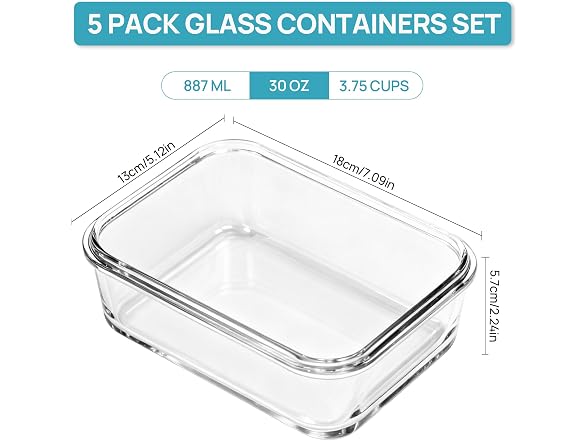 Vtopmart Grey 5 Pack 30oz Glass Containers W/ Lids