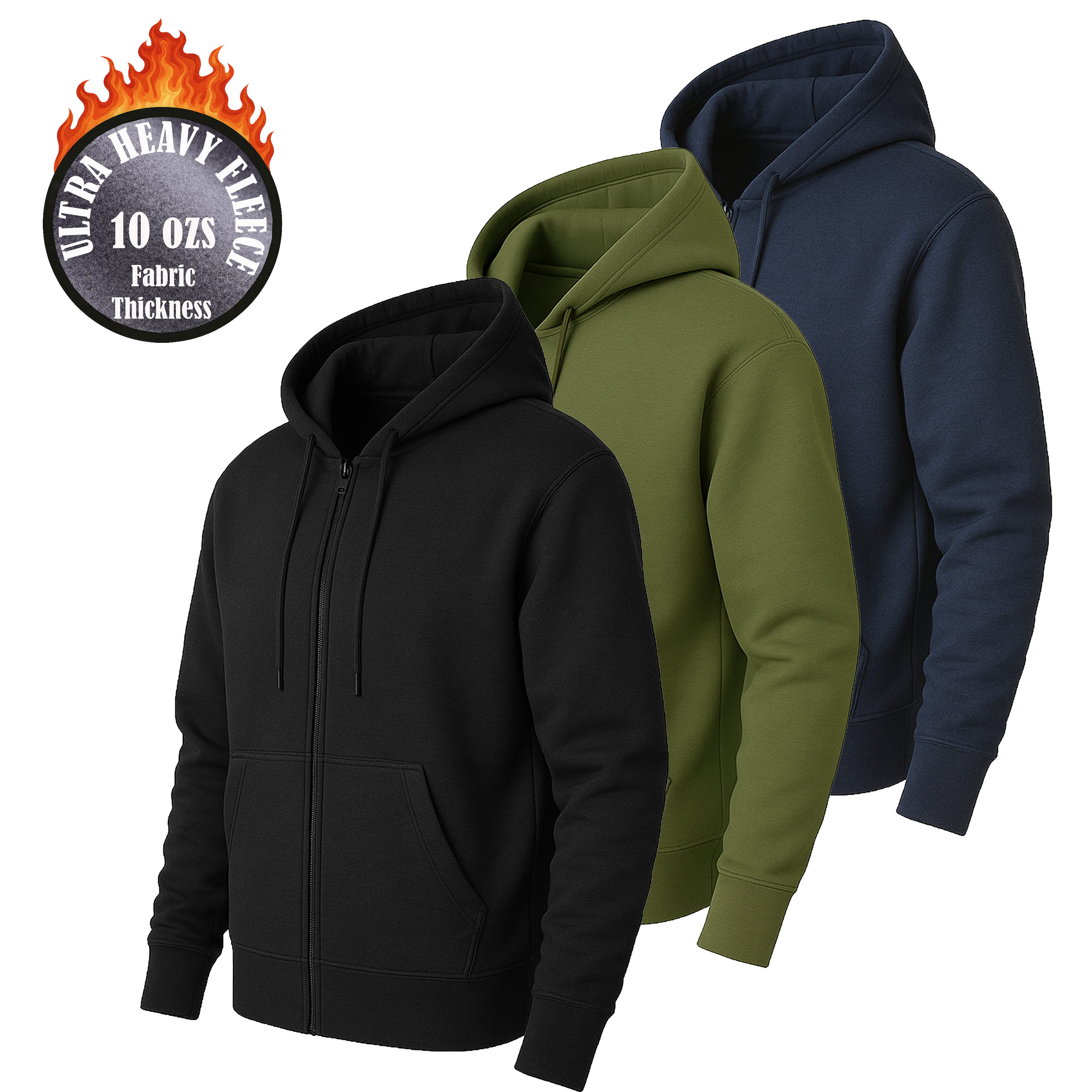 3Pk Mens Heavyweight Fleece-Lined Full Zip Hoodie - Gallery 11