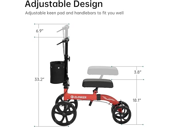 ELENKER Best Value Knee Walker with 10" Front Wheels Steerable Medical Scooter Crutch Alternative with Dual Braking System Red (Open Box)