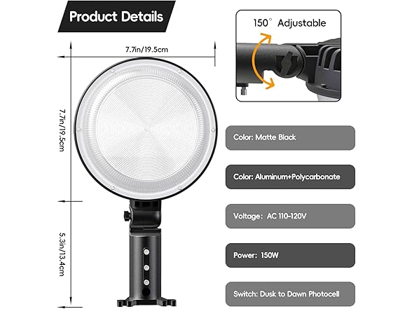 150W 20000LM Dusk to Dawn Outdoor Lighting