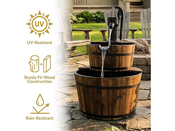 Sunnydaze 2-Tier Wood Barrel Water Fountain - 34-Inch