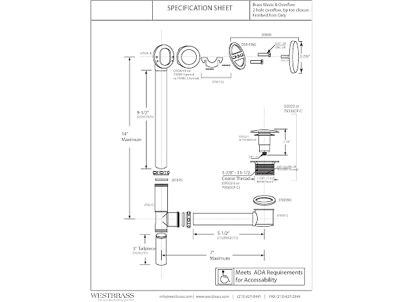 Westbrass 14in Waste Overflow Tip-Toe MB