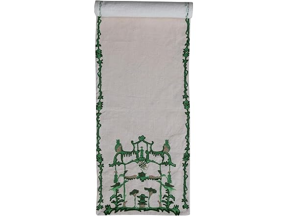 Creative Co-Op Woven Cotton Slub Printed Table Runner Cream and Green