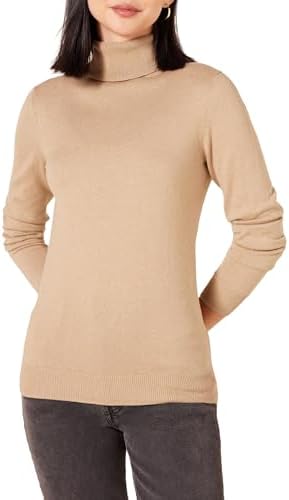 Amazon Essentials Women's Classic-Fit Lightweight Long-Sleeve Turtleneck Sweater (Available in Plus Size), Camel Heather, Small