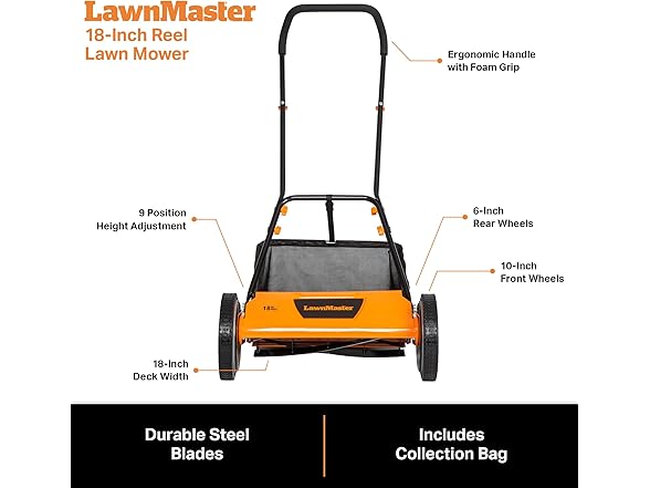 LawnMaster Push Reel Lawn Mower 18-Inch 5-Blade