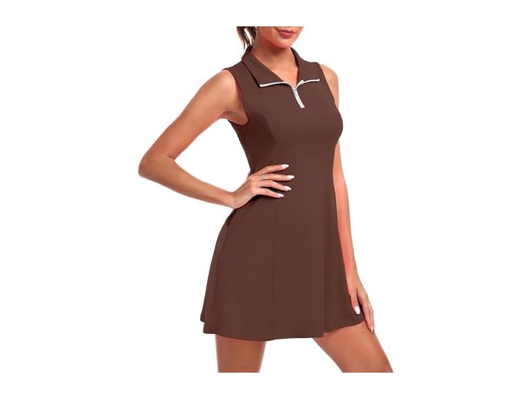 FKEEP Women's Golf Tennis Dress Athletic Workout Dress with Shorts and Pockets (Brown, XL)