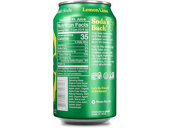 1CT Poppi Sparkling Prebiotic Soda Beverage Lemon Lime