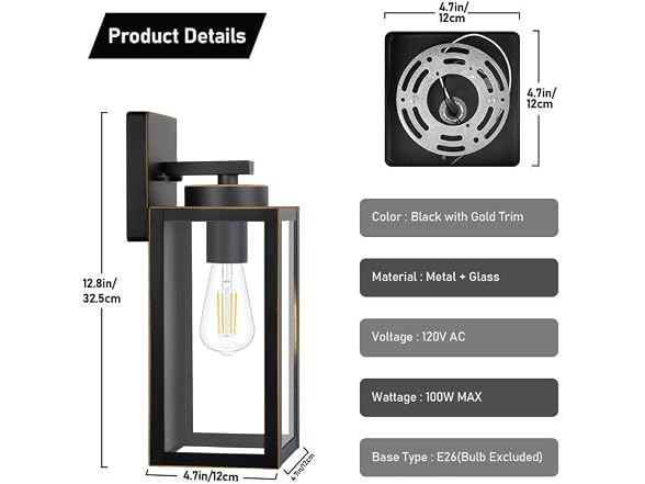 BesLowePorch Lights Black with Gold Trim 2 Pack