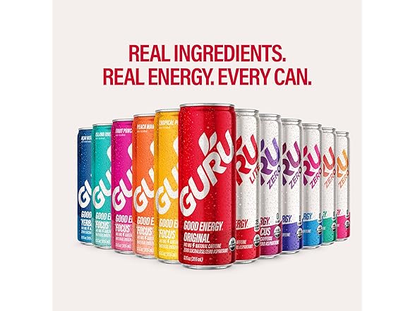 12PK GURU ZERO SUGAR Organic Energy Drinks Variety