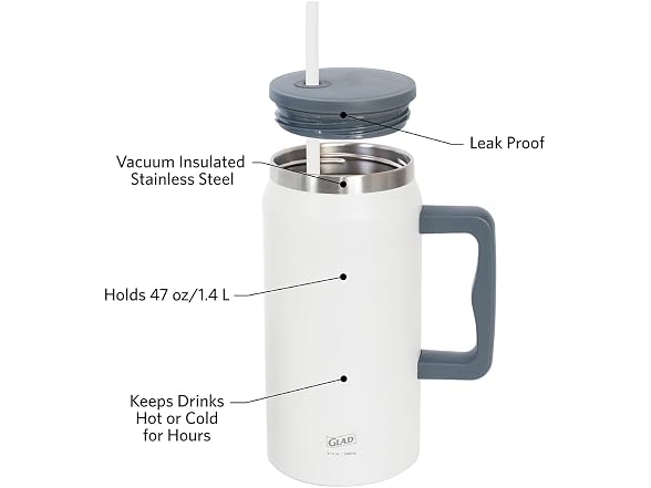 Glad Pioneer Stainless Steel Tumbler 47oz, Grey
