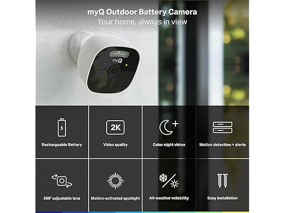 Chamberlain myQ Outdoor Battery Camera | 2K Camera, Color Night Vision, Spotlight, Motion Alerts, Live View with Two-Way Talk, Wireless, Weather-Resistant, Outdoor, White (Open Box)