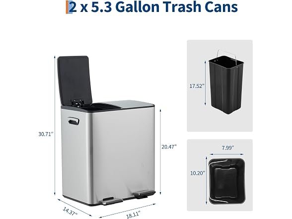 Dual Compartment Stainless Steel Kitchen Trash Can 40L (2 x 20L) Silver