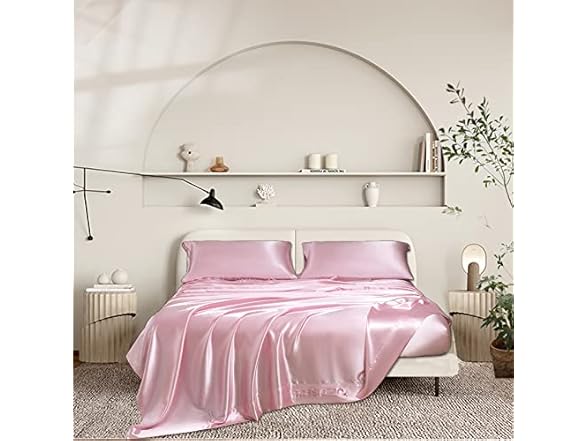 YUEZAISHOU Pink Satin Sheets Queen