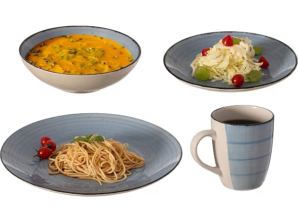 64-Pc Dinnerware Set for 16 Swirl Glazed Finish Blue