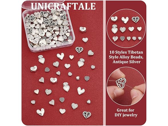 UNICRAFTALE 120Pcs 12 Styles Tibetan Heart Beads