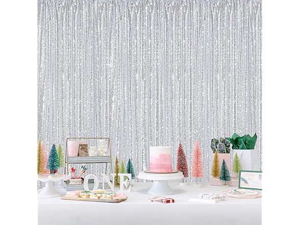 QueenDream Silver Sequin Backdrop Party Decorations