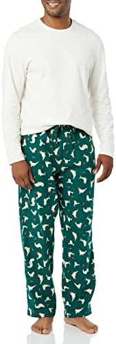 Amazon Essentials Men's Flannel Pant and Long-Sleeve T-Shirt Pajama Set, Eggshell White/Green Seal, X-Large