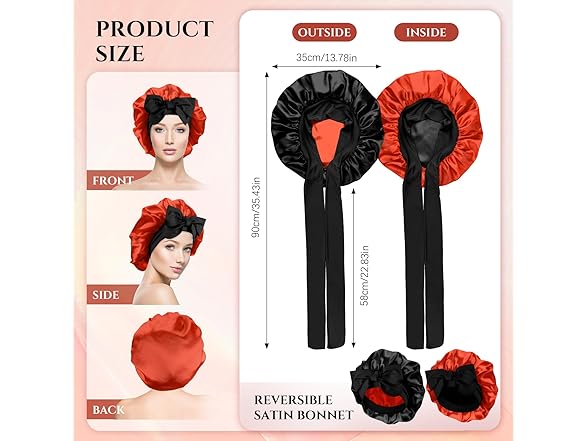 Reversible Satin Bonnet for Sleeping Women (Black + Red)