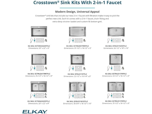 Elkay Crosstown 16 G SS 30" Sink Kit w Filter Faucet