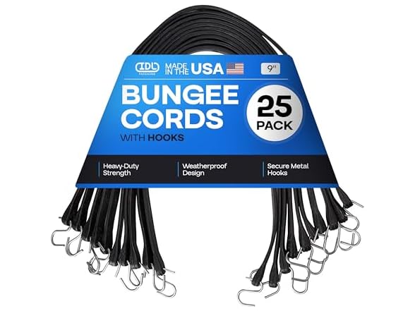 IDL Packaging Bungee Cords 9-inch with Hooks, 25-Pack